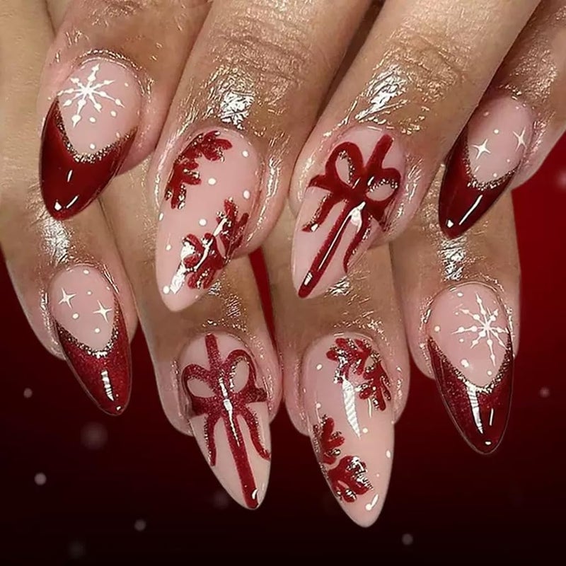 CTTHNBD 6 Packs (144 Pcs) Christmas Press on Nails Almond, Short Square Press on Nails, with Christmas Tree Snowflake Design Red Green Fake Nails for Women - 12 Sizes, 6 Styles - Image 3
